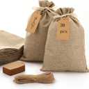 Windyun 30 Pcs Linen Drawstring Bag Burlap Gift Bags with Tags and String 8 x 12 Inches Burlap Sacks for Wedding Birthday Christmas Party Favor Gift Wrapping Bulk