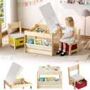 EXPERLAM Kids Table and Chairs, Wooden Kids Table and 2 Chairs with Adjustable-Height Drawing Tabletop, Toddler Table and Chair Set with Safety Hinges,Storage Drawers & Bookshelf for Playroom Nursery, Large