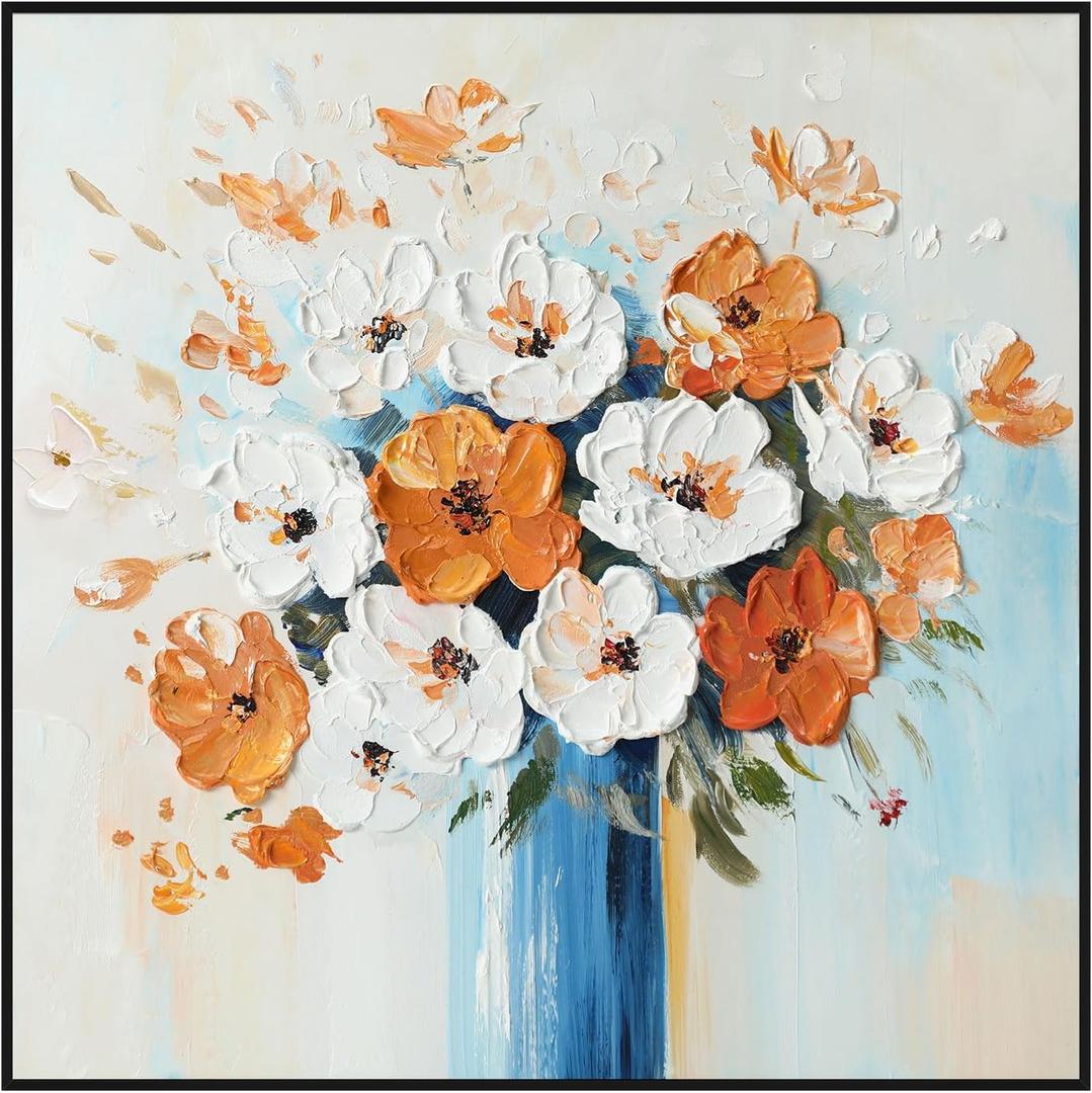 TEIPAI Mother of Pearl Hand-painted Floral Oil Paintings for Living Room Bedroom Hallway Wall Decor  24x24 In