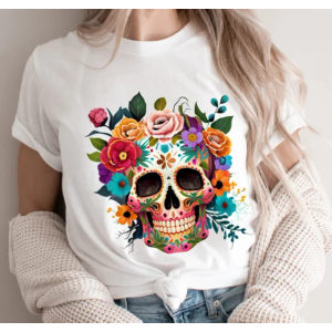 Sugar Skull Tshirt, Dia De Los Muertos T-Shirt, Day Of The Dead, Mexican Halloween  (Medium, White)