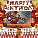 Cartoon Birthday Decorations Party Supplies Set Include Happy Birthday Banner, Latex Balloons, Backdrop, Tablecloth, Hanging Swirls, Cupcake Toppers for Teen Iron Man Theme