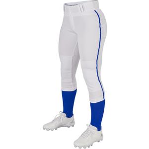 CHAMPRO Girls' Tournament Low-Rise Youth Softball Pants with Braid (Small, White, Royal Pipe)