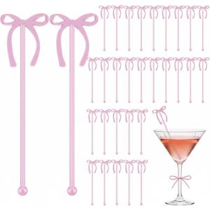 30 Pcs 6 Inch Valentine Party Stirrers, Bow Stir Sticks Coffee Stirrers Reusable Plastic Swizzle Sticks for Wedding Birthday Bridal Cocktail Decorations Galentines Supplies(Rose Gold)
