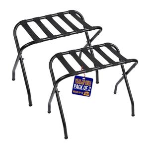 Metal Luggage Rack - Pack of 2 Foldable, Easy Assembly, Space Saving, and Stylish Steel Frame Guest Suitcase Stands with Nylon Straps - Black