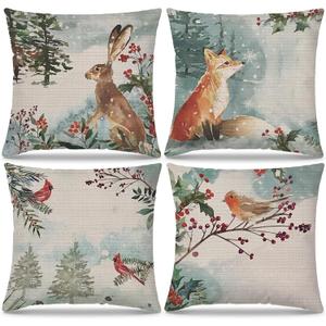 Rustic Farmhouse Winter Animal Bird Fox Rabbit Decorative Throw Pillow Covers Set of 4, Christmas Deer Gifts, Christmas Tree Snowflake Pillow Cases 18 x 18 Inch Kids Room Bed Sofa Decor