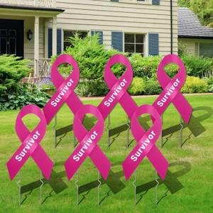 6PCS Breast Cancer Awareness Yard Signs Double-sided Pink Ribbon Survivor Yard Decorations with Metal Stakes Waterproof Outdoor Lawn Sign for Support Party Fundraising Charity Event Supplies