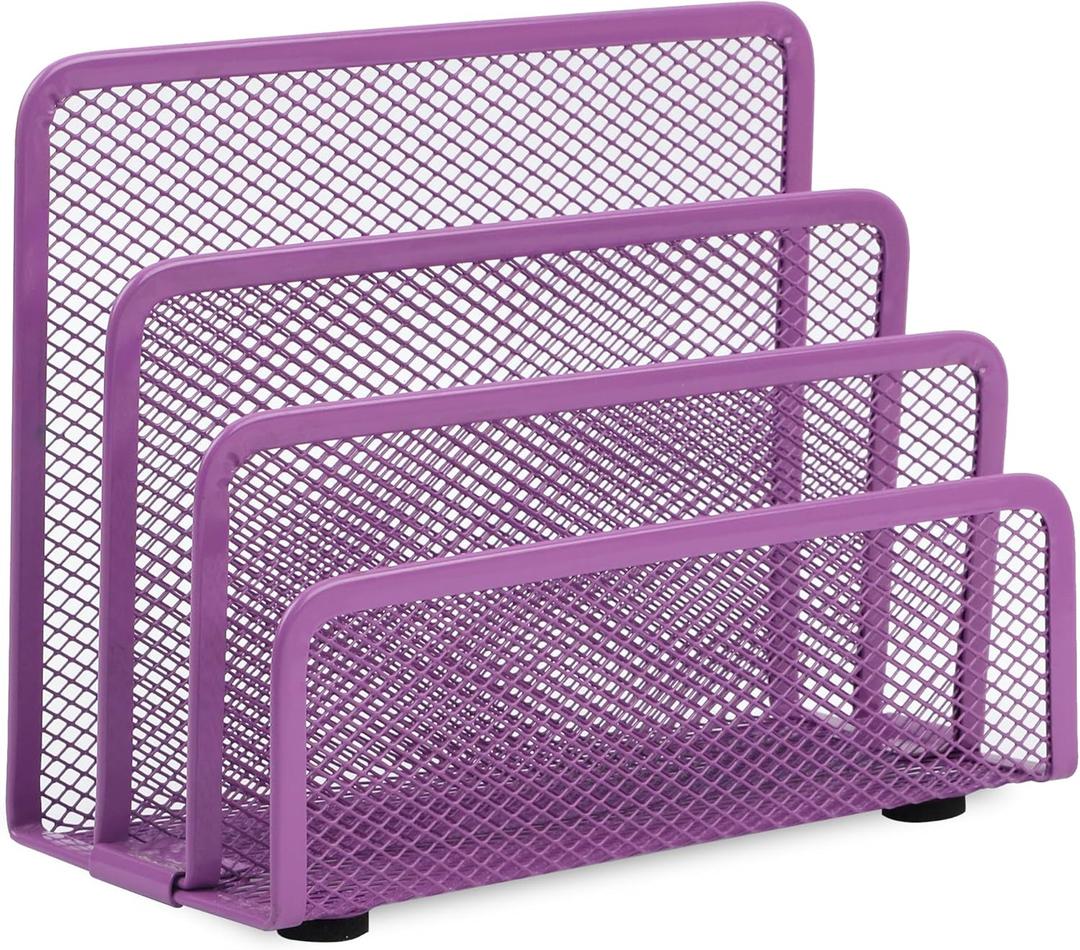 EASEPRES Desk Mail Organizer, Office Small Letter Sorter Desktop File Organizer Metal Mesh with 3 Vertical Upright Compartments, Purple 1 Pack
