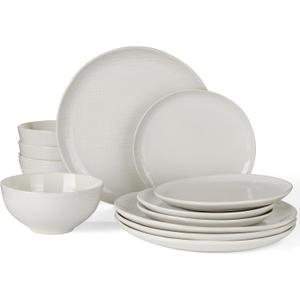 Famiware Moonlight Plates and Bowls Sets, 12 Pieces Stoneware Dinnerware Sets with Linen Finish, Handmade Dishware Set for 4, Microwave and Dishwasher Safe, Chip and Scratch Resistant, White