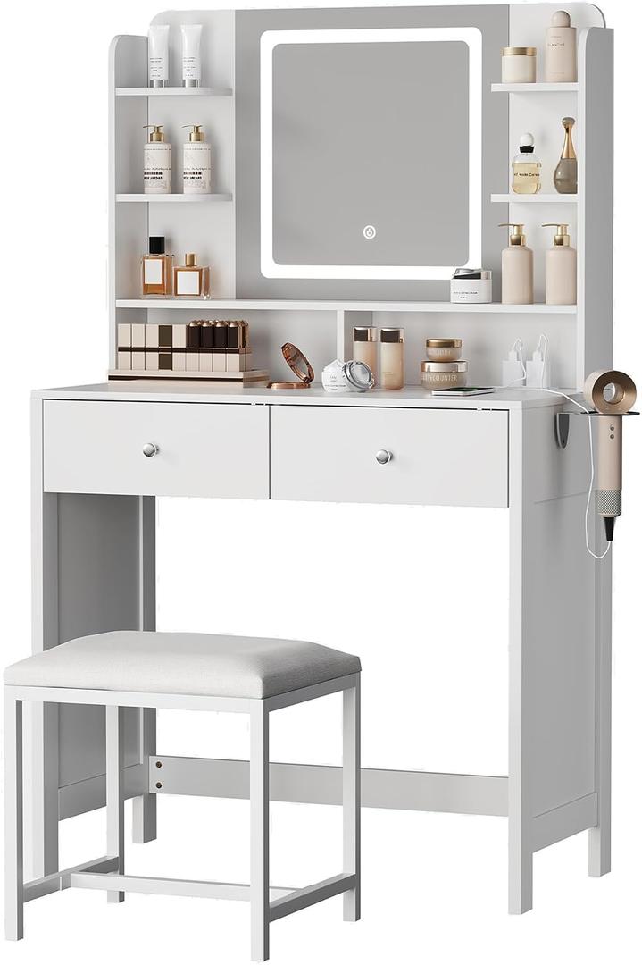 White Vanity with Lighted Mirror, 8 Shelves, 2 Drawers, Charging Station, Hair Dryer Holder & Stool, LED Mirror with 3 Light Modes, 1 Count