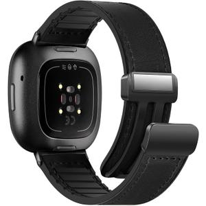 Magnetic Leather Bands Compatible with Fitbit Versa 4/Versa 3/Sense 2/Sense Women Men, Magnetic Clasp Wristband Accessory, Adjustable Soft Replacement Fitbit SmartWatch Strap- Black