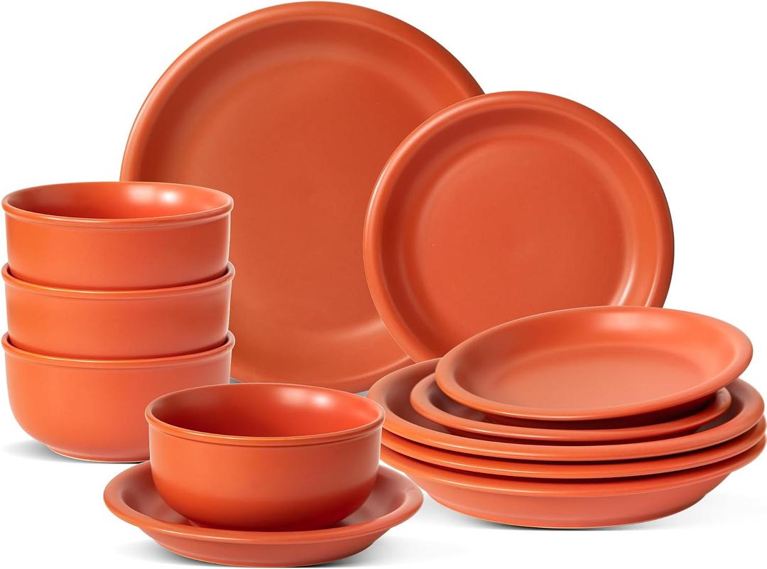 Timeworn Clay Dinnerware Set, 12 Pieces Stoneware Sets for 4, Hand-Finished Glaze Farmhouse Plates and Bowls, Microwave and Dishwasher Safe, Terracotta Red