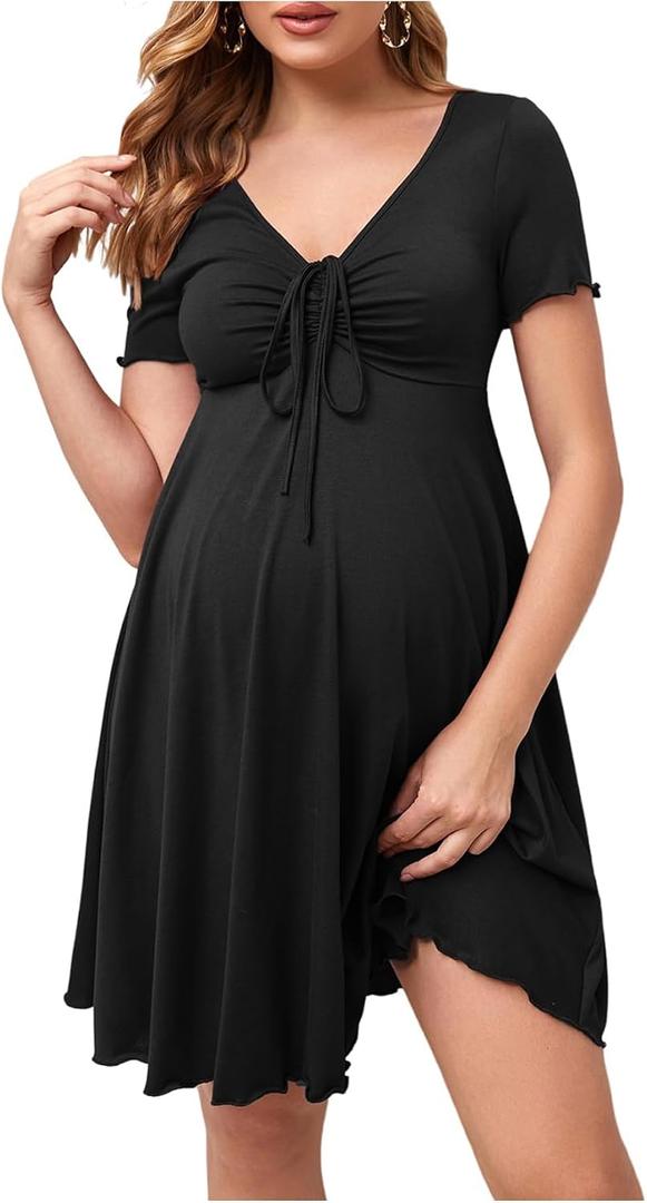OYOANGLE Women's Maternity Bow Front Short Sleeve Dress V Neck A Line Pregnancy Casual Short Dresses XL