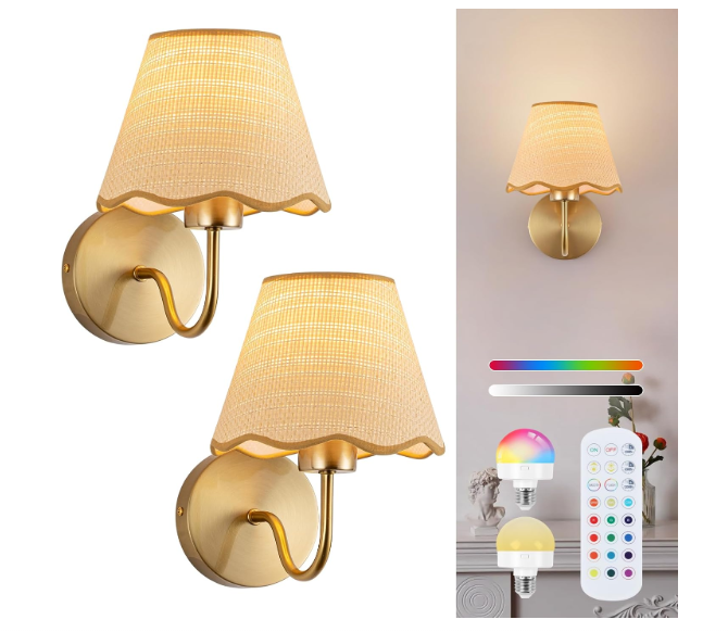 ADISUN Battery Operated Wall Sconce Set of 2, Gold Wall Lamps Rechargeable Bulbs for Living Room, Rattan Shade Wireless Wall Lights for Bedroom Living Room Hallway Kitchen(2 Bulbs Included)