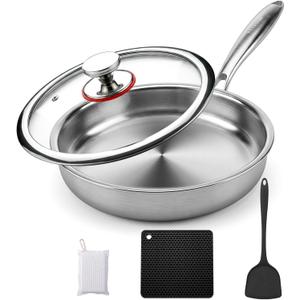12 Inch Stainless Steel Pan, 5pcs Tri-Ply Stainless Steel Frying Pan with Lid, Dishwasher & Oven Safe, Induction Cooking Skillets, Fast & Even Heat and Detachable Handle