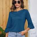 Kistore Womens Tops Dressy Casual 3/4 Length Bell Sleeve Shirts Boat Neck Tunic Blouses (Blue, XXL)