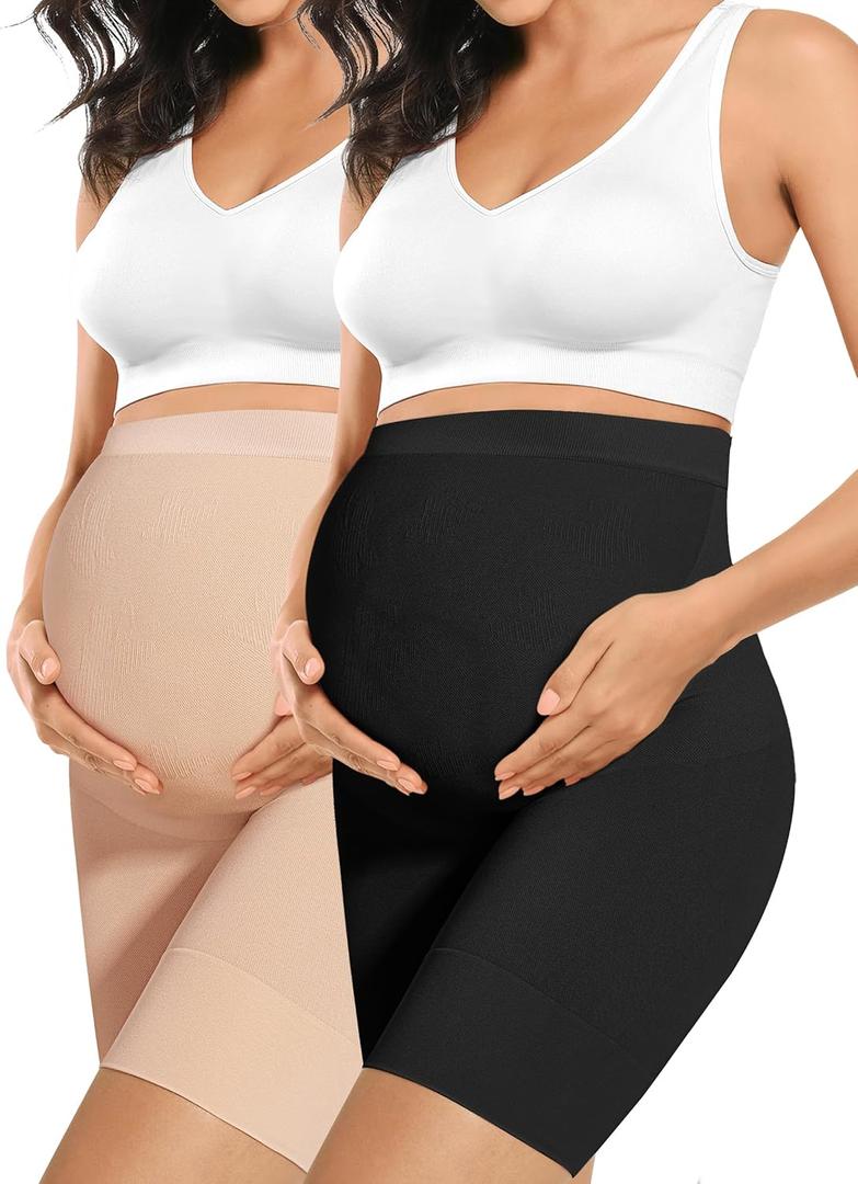 Baby Bump Premium Maternity Shapewear, High Waisted Mid-Thigh Pregnancy Underwear Prevent Chaffing Soft Adominal Support (Large, Nude+black)