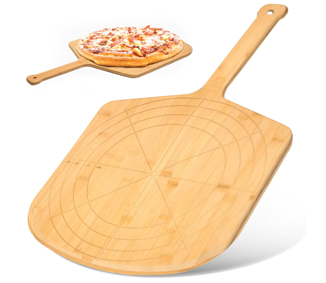 Wooden Pizza Peel Board with Engraved Sizes - Multi-Purpose Bamboo Pizza Cutting Board, Wood Pizza Peel, Pizza Spatula Paddle, and Serving Board with Size and Cutting Guide