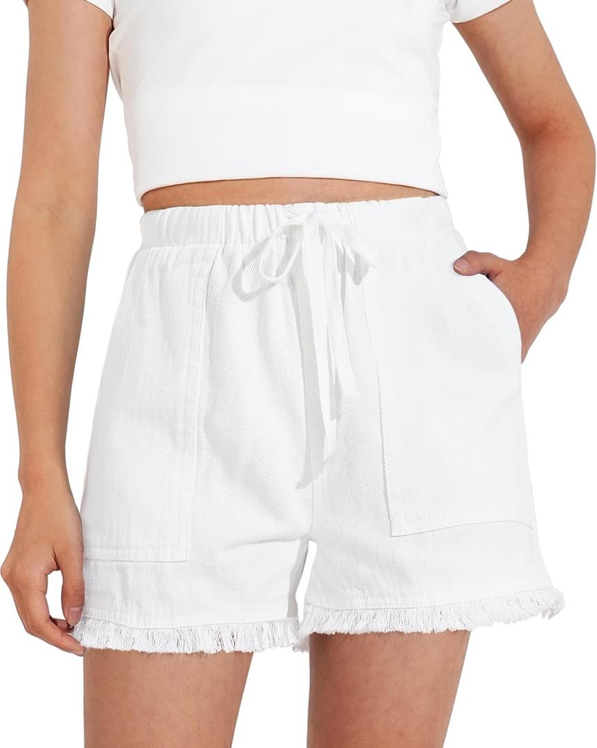 BOOPH Little Girls Jean Shorts Denim Elastic Waist Drawstring Shorty Shorts for Teen Girls 11Y, 12Y (White)