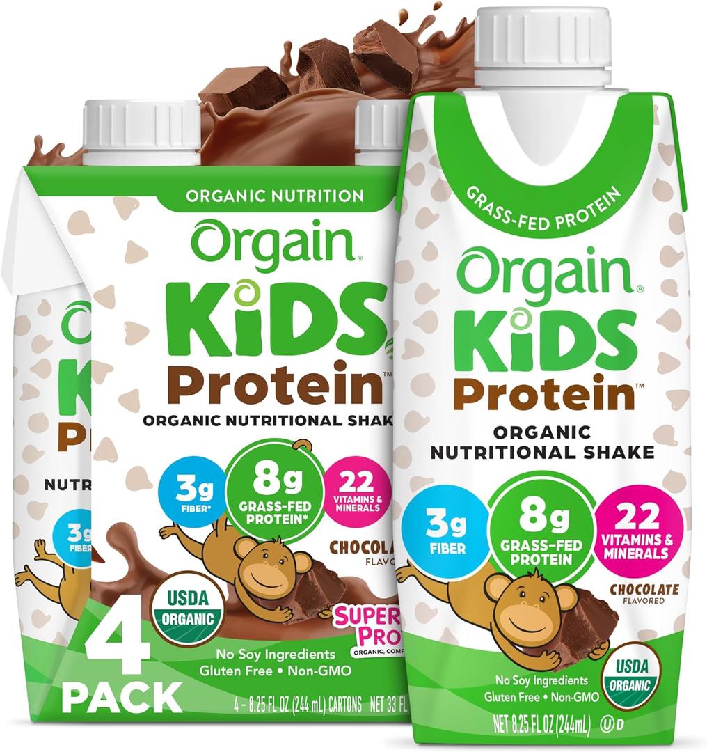 Orgain Organic Kids Protein Nutritional Shake, Chocolate - 8g of Protein, 22 Vitamins & Minerals, Fruits & Vegetables, Gluten Free, Soy Free, Non-GMO, 8.25 Fl Oz (Pack of 4) (EXP 05/06/27)