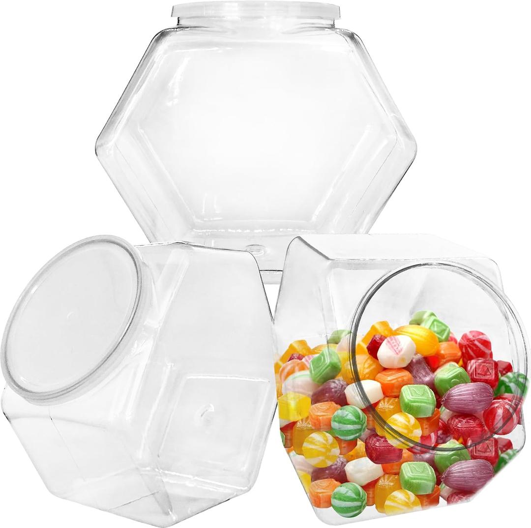 Woozettn 3 Pcs Plastic Candy Jars,Clear Cookie Jars 71 Oz for Kitchen Counter,Hexagon Cookie Jars with Lids,Plastic Dry Food Jar for Candy Buffet
