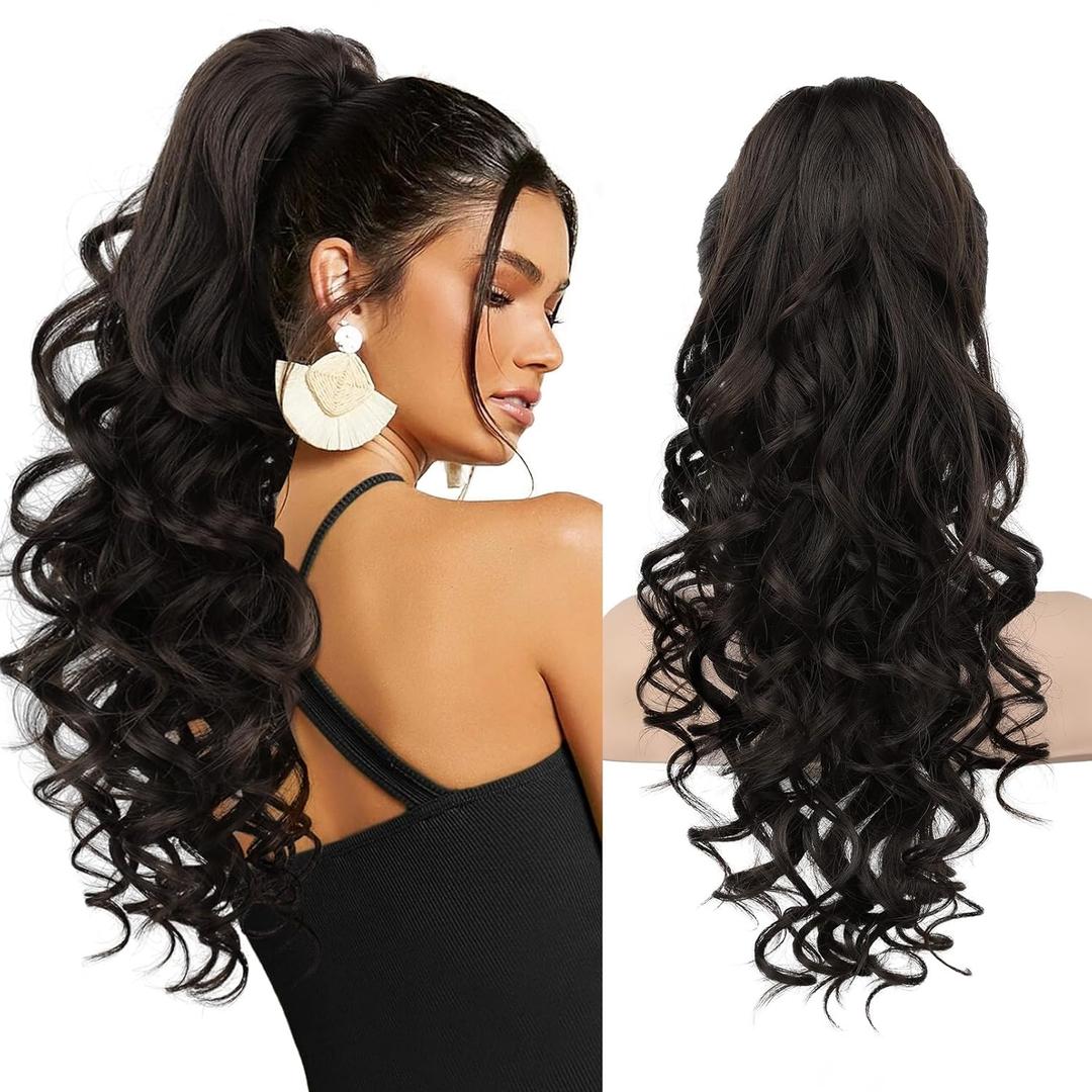 REECHO Ponytail Extension, 20 Claw Clip Ponytail Extension Curly Clip in Ponytail Long Pony Tails Hair Extensions for Women Fluffy Natural Looking Synthetic Hairpiece, Black Brown