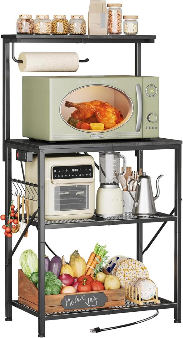 Huuger 4-Tier Bakers Rack with Reversible Power Outlet, 23.6 Inch Microwave Stand, Kitchen Coffee Bar, with Top Shelf, 6 S Hooks, Black