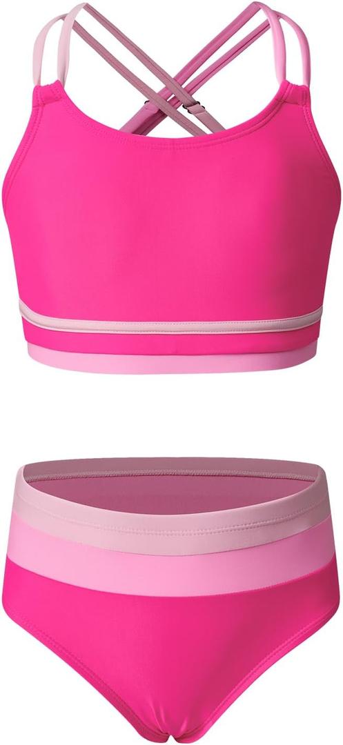 blibean Tween Girls Swimsuits 2 Piece Color Block Bikini Sets with Chest Pad (10-11 Years, A-hot Pink)