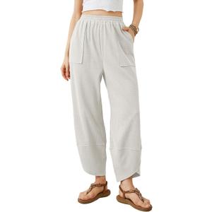 Xiaoxuemeng Womens Baggy Wide Leg Pants Casual Elastic Waisted Palazzo Harem Pants with Pockets (Large, White)