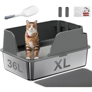 Non-stick Stainless Steel Litter Box, XL Side Opening Splash-Proof & Leak-Proof Seamless Seal, Ellenpent Large Capacity, Cat Litter Box with Lid for Multi-Cats, Large Cats, Easy-Clean & Durable (Gray)
