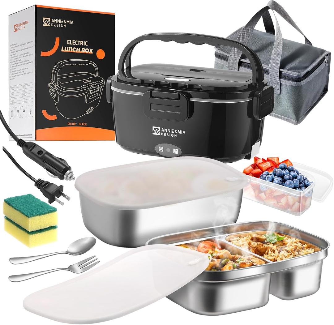 Annie & Mia Design 50-Ounce Electric Lunch Box for Adults, Dual Container Portable Food Warmer Heated Lunch Box, Home/Car/Office/Truck Use, Lonchera Elctrica Porttil (black, 1.5L Dual Container)
