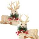 Lulu Home Set of 2 Christmas Tabletop Decor, Straw Woven Reindeer Figurines Rustic Tabletop Ornaments for Holiday Centerpiece, Fireplace Mantel, Shelf and Indoor Xmas Decorations