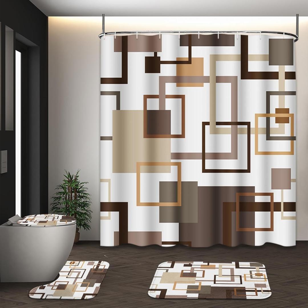 Geometric Brown Shower Curtain Set with Toilet Lid Cover and Non-Slip Rugs, Abstract Square 4 Pcs Shower Curtain for Bathroom, Modern Simple Line Bathroom Decor