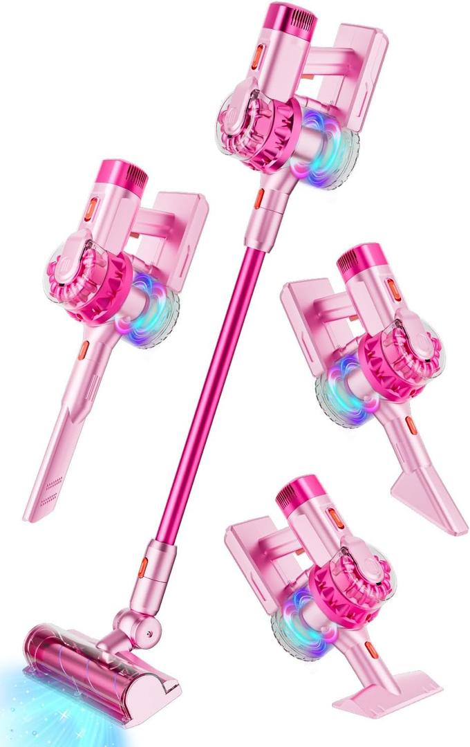 4-in-1 Kids Toy Vacuum That Works with Suction, Electric Toy Toddler Vacuum Cleaner for Children Ages 3 4 5 6+ Boys & Girls,Toddlers Toys Cleaning Set for Pretend Play (Pink)