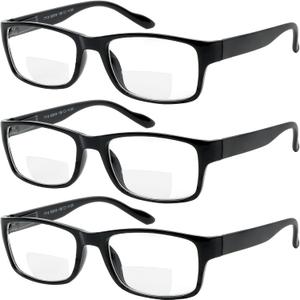 Yogo Vision Bifocal Reading Glasses for Men and Women Rectangle MultiFocal Readers with Spring Hinges Retro Design Black 2.5 (Pack of 3)