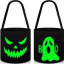 2 Pieces Halloween Basket Bag Glow in The Dark Canvas Candy Tote Bag Luminous Black Candy Bucket Halloween Portable Collapsible for Kids Halloween Party Gifts