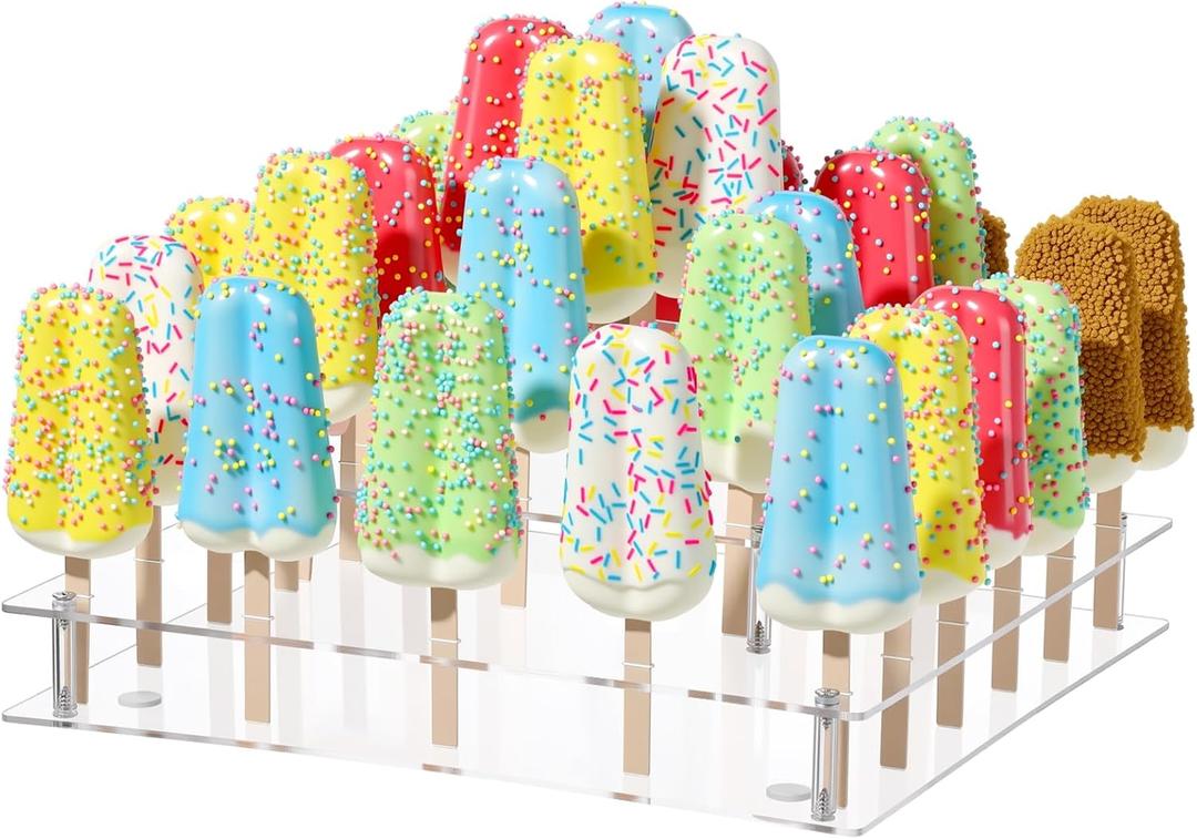Gejoy Cakesicle Stand 3 Tiers Display Acrylic Ice Pop Stand Reusable Lollipop Holder with 50 Wood Ice Cream Sticks Phillips Screwdriver for Dessert Table Birthday Wedding Baby Shower Parties Brown