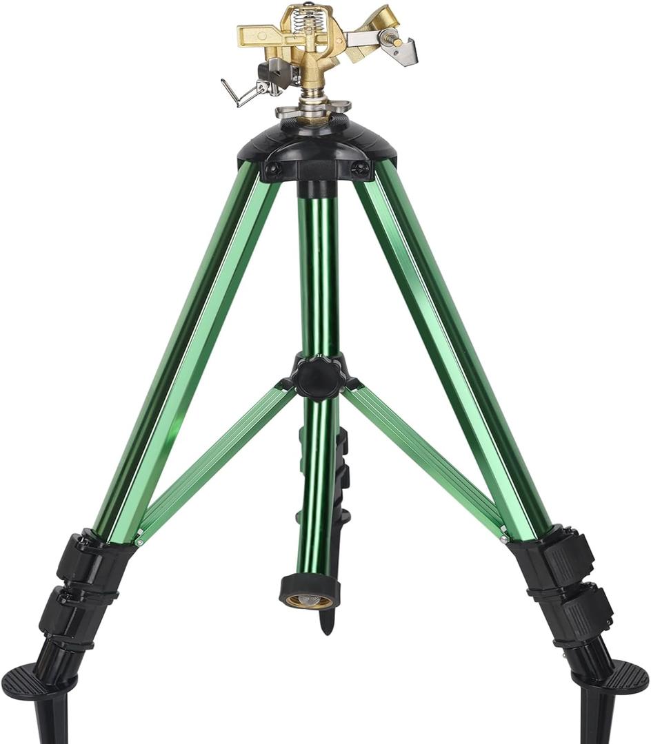 Impact Sprinkler on Tripod Base, 360 Adjustable Brass Sprinkler Head with Stakes, Heavy Duty Metal Tripod Lawn Sprinkler for Large Area Lawn, Yard & Garden Irrigation, 1 Pack