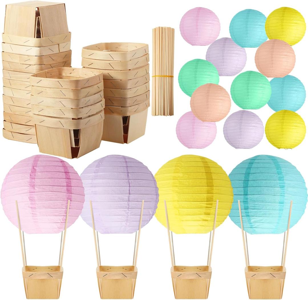 Namalu 24 Set Hot Air Balloon Centerpieces Paper Lanterns Wooden Candy Boxes with Sticks DIY Craft for Baby Shower Wedding Bachelorette Birthday Party Table Decoration(Macaron)