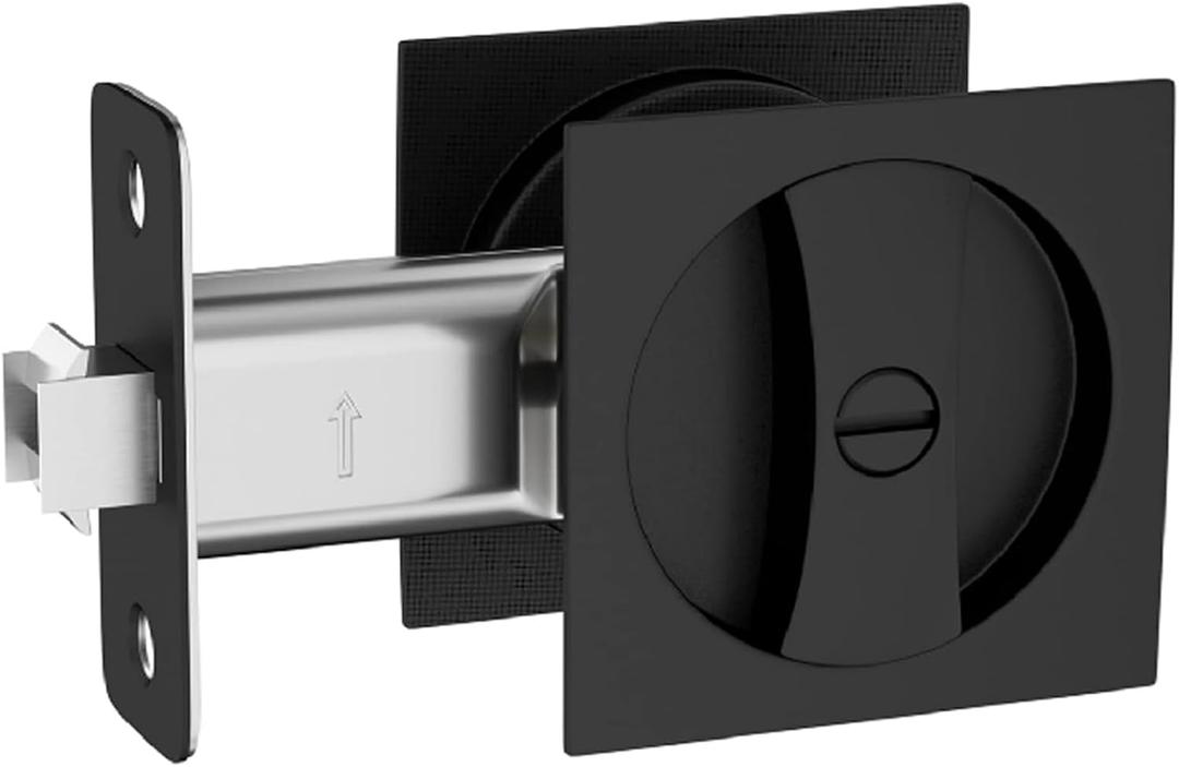 Lethato Pocket Door Hardware Black, Pocket Door Lock, Pocket Door Latch, Matte Black Contemporary Sliding Pocket Door with Privacy Lock for Bathroom & Bedroom (1 Pack, Square)