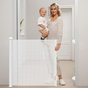 Retractable Baby & Pet Gate - 55" Auto Lock Mesh Child Safety Gates, White (33" Tall x 55" Wide)
