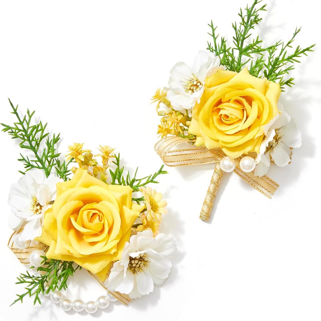 Serwalin Yellow Rose Corsage and Boutonniere Set, Artificial Silk Rose Wrist Corsage Wristlet and Boutonniere Set for Prom Homecoming Wedding Flowers Accessories Party Suit Decorations