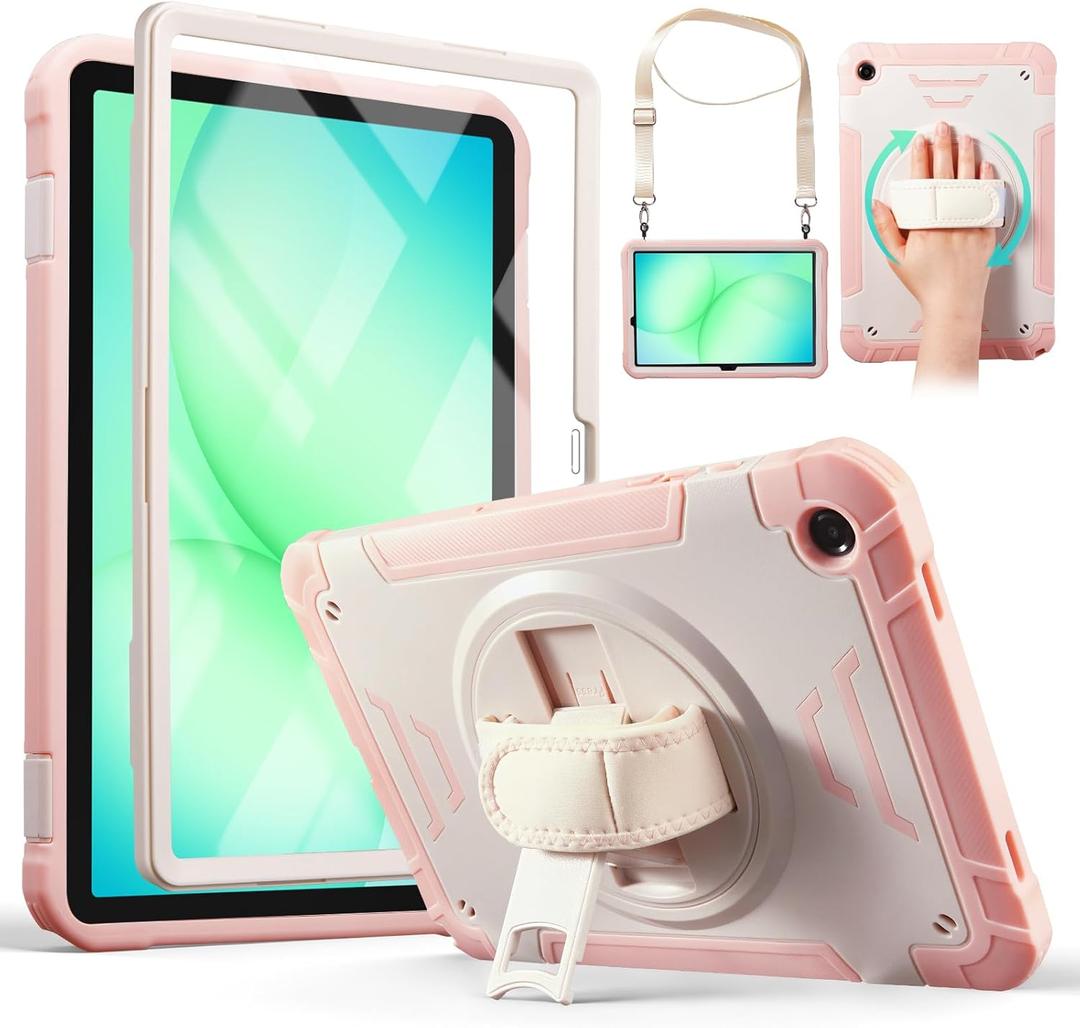 CoBak Hard Duty Case for Samsung Galaxy Tab A11+ Plus 11" 2025/A9+ 11" 2023, Military Grade Shockproof with Built-in Screen Protector, 360° Rotating Stand with Hand/Shoulder Strap, Pink