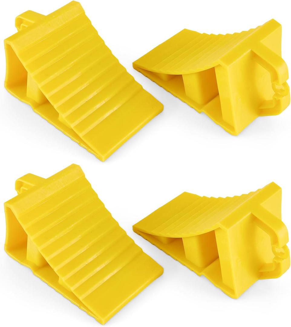2 Pair Heavy Duty Wheel Chocks for Travel Trailers, Non-Slip RV Tire Chocks with Handle, Yellow Lightweight Wheel Stoppers for Cars Campers Trucks RVs, Easy Carry & Fit Most Tires