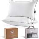 Goose Feather and Down Bed Pillows Standard Size Set of 2, Luxury 3-Chamber Pillows with Soft & Down-Proof Cover, Fluffy Plush Hotel Pillows for Side, Back & Stomach Sleepers