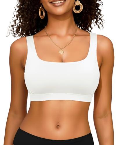 Women Sport Bra Swimsuit Top - Swim Bra Bikini Top Only Scoop Neck Bathing Suit 2025 Swimwear White, Size M