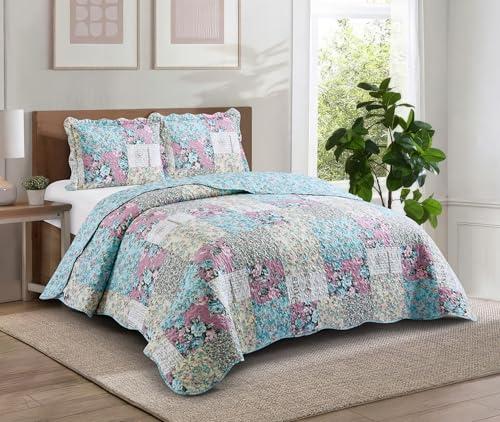 Brilliant Sunshine Lilac Rose Toile Quilt Set, 3-Piece Bedding Sets, Traditional Lively Patchwork Design, Washable, Reversible Bedspread, Soft Lightweight Coverlet, All-Season, Full/Queen, Egg Blue