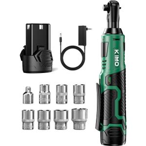 KIMO Cordless Electric Ratchet Wrench Set, 40Ft-lbs, 400RPM, 12V Cordless Ratchet Wrench 3/8" w/ 60-Min Charger, 7Sockets, 1/4" Adapter, Forward/Reverse Switch, 2.0Ah Battery, Variable Speed Trigger