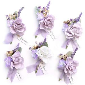 Ling's moment Boutonniere for Men, 6pcs Groom Groomsmen Boutonniere with Built-in Pins, Artificial Flowers for Wedding Decor/Prom/Homecoming, etc.Purple Lilac Lavender