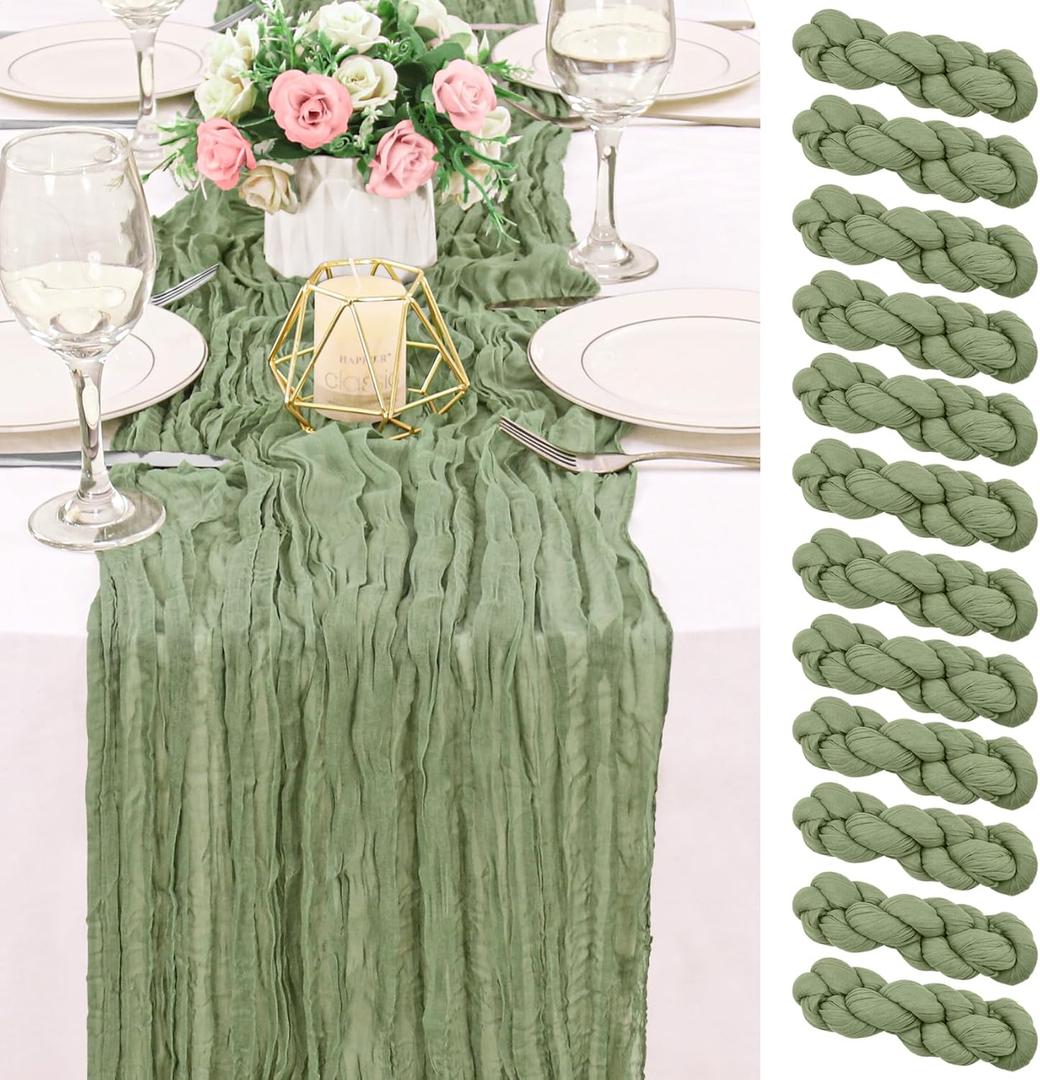 12 Pack 120 Inch Sage Green Cheesecloth Table Runner Boho Rustic Gauze Sheer Romantic 10 FT Long Cheese Cloth Table Runner for Bridal Baby Shower Wedding Party Birthday Holiday Home Easter Decor