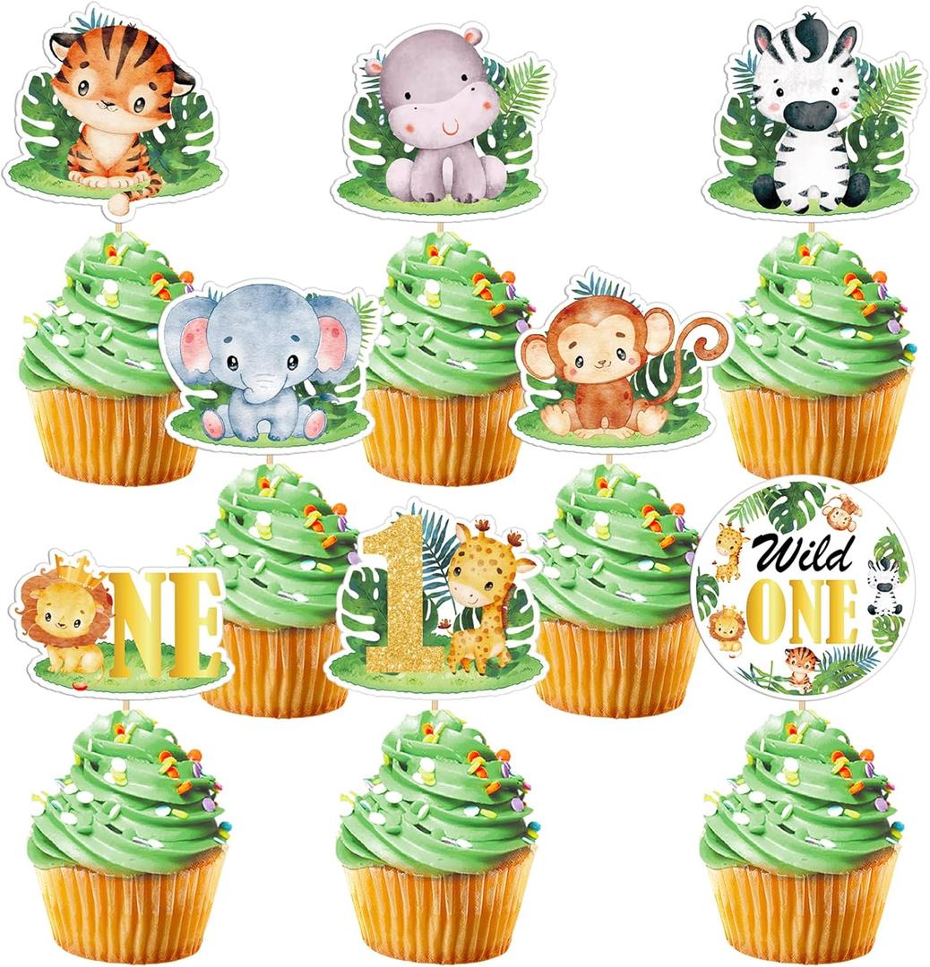 Weecent 48 PCS Wild One Cupcake Toppers Baby 1st Birthday Decorations Jungle Safari Theme Cake Toppers For Baby Boy Girls Safari Animal Party Supplies